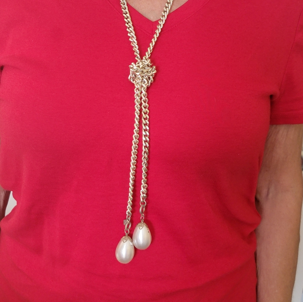Sarah Coventry Long Open - End Necklace with Large Faux Pearl Drops